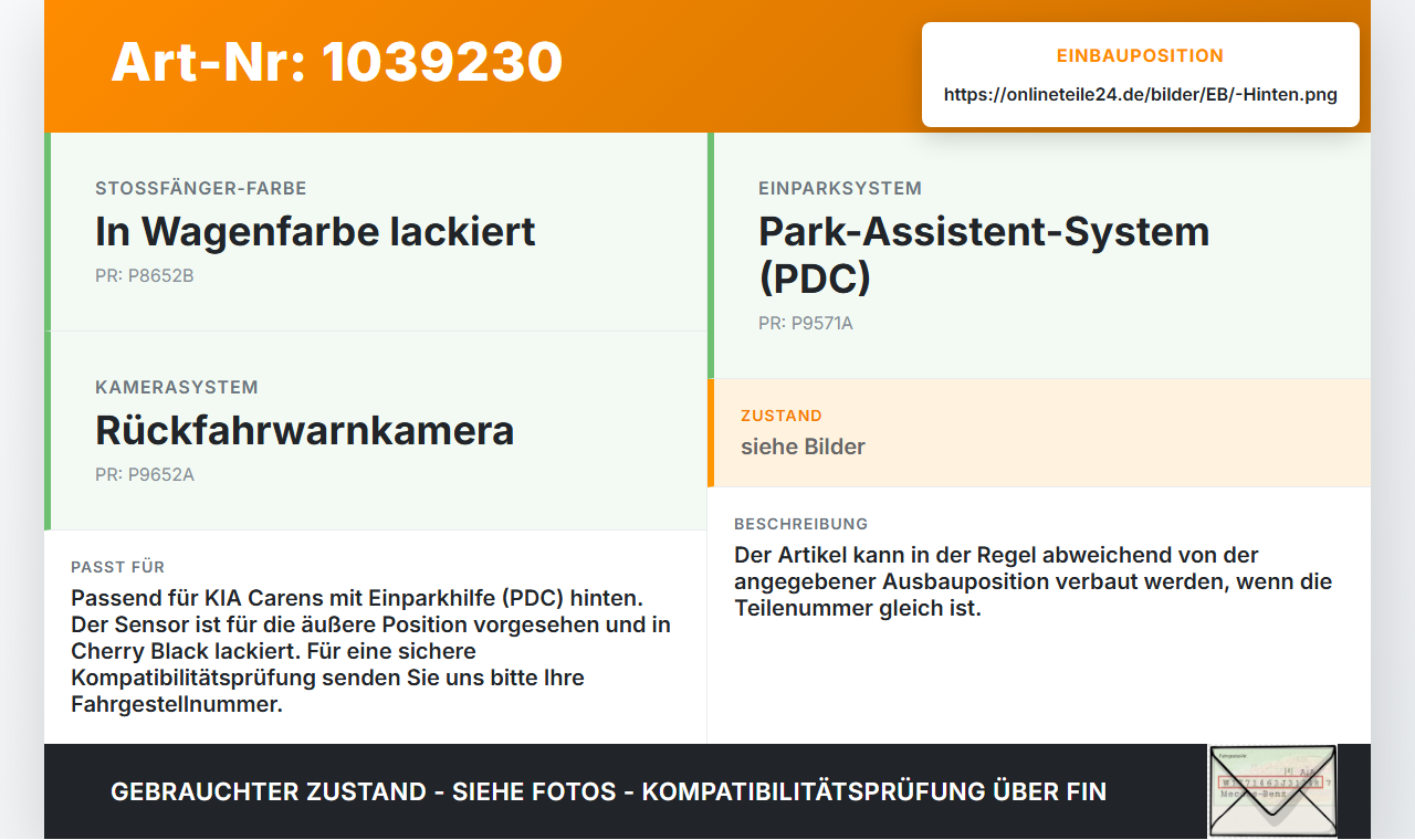 KIA Carens RP IV 13-19 PDC Sensor Einparkhilfe Parktronic Ultraschall Hinten Aussen Pos.2 KIA Carens RP IV 13-19... Vorschau 3