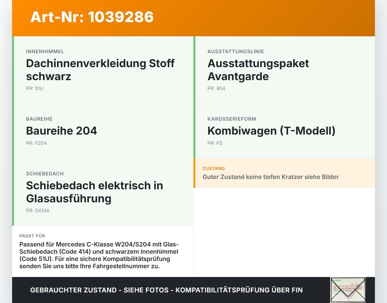 Mercedes W204 S204 C250 07-14 Schiebeelement klein für Schiebedach Glasdach Mercedes W204 S204 C250 07-14... Vorschau 3