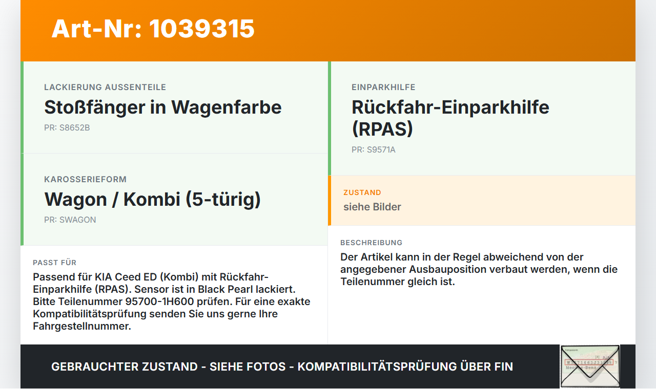 KIA Ceed ED 09-13 Abstands Sensor Parksensor PDC H3 1K KIA Ceed ED 09-13 31.10.2011 95700-1H600 C133457 gebraucht Vorschau 3