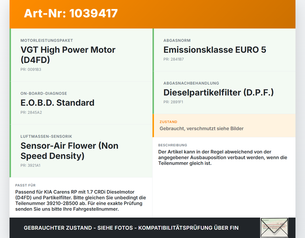 KIA Carens RP IV 13-19 CRDi 1,7 100KW D4FD Differenzdrucksensor KIA Carens RP IV 13-19 29.08.2014 39210-2B500 gebraucht Vorschau 3