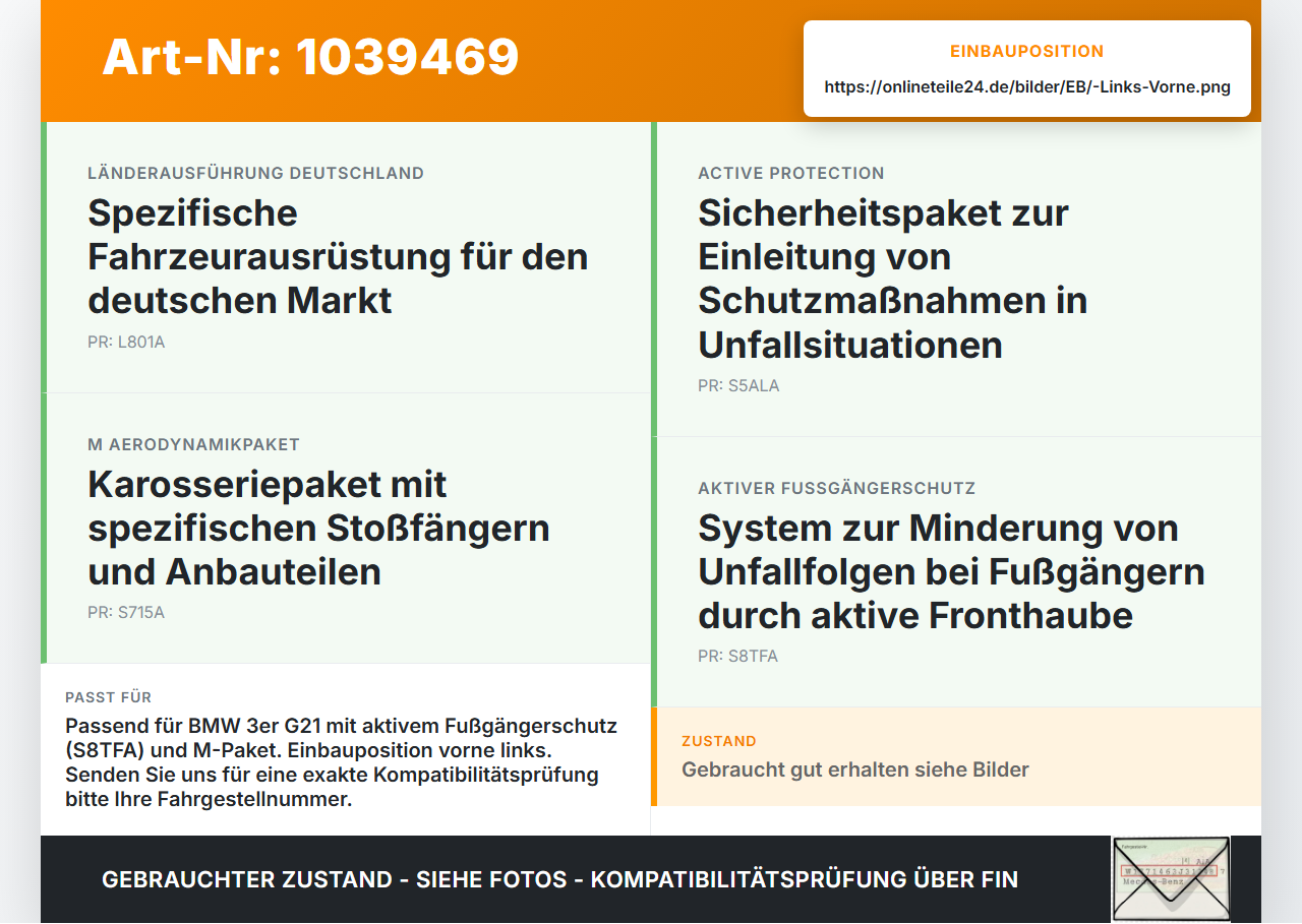 BMW G21 320dx 3er 19-22 2,0d 140KW Sensor Aufprallsensor für Passantenschutz Links Vorne BMW G21 320dx 3er 19-22... Vorschau 3