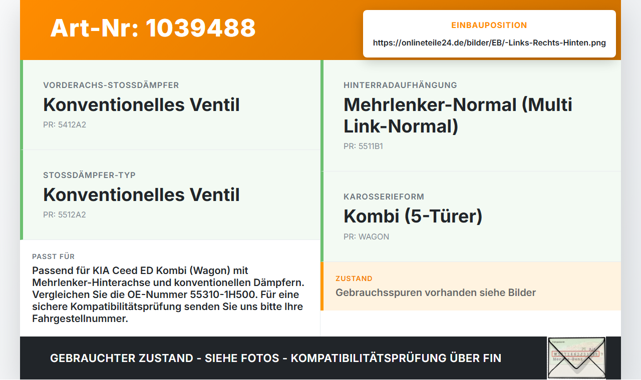 KIA Ceed ED 09-13 Kombi Stossdämpfer Links und Rechts Hinten KIA Ceed ED 09-13 31.10.2011 55310-1H500 801402000307... Vorschau 3