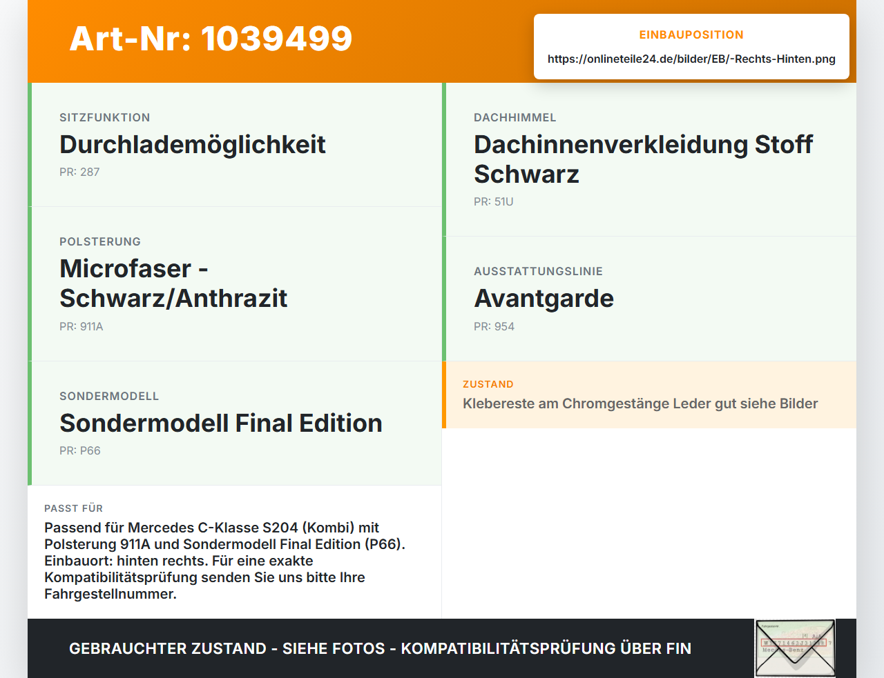 Mercedes W204 S204 C250 07-14 Kopfstütze Rechts Hinten Blaue Weiße Naht Mercedes W204 S204 C250 07-14 29.08.2013... Vorschau 3