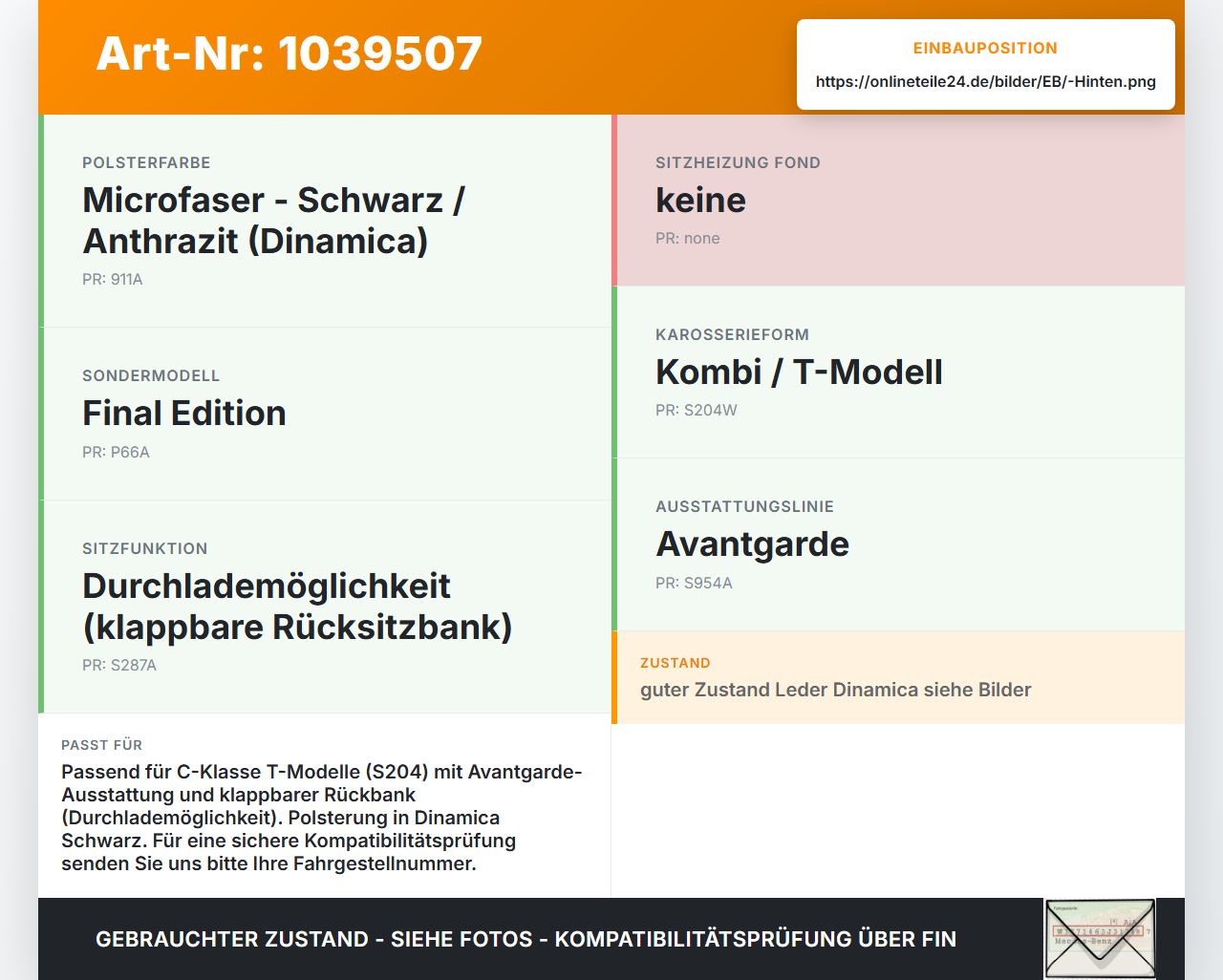 Mercedes W204 S204 C250 07-14 Kombi Sitzpolster für Rücksitzbank Hinten Leder Alcantara Mercedes W204 S204 C250... Vorschau 3