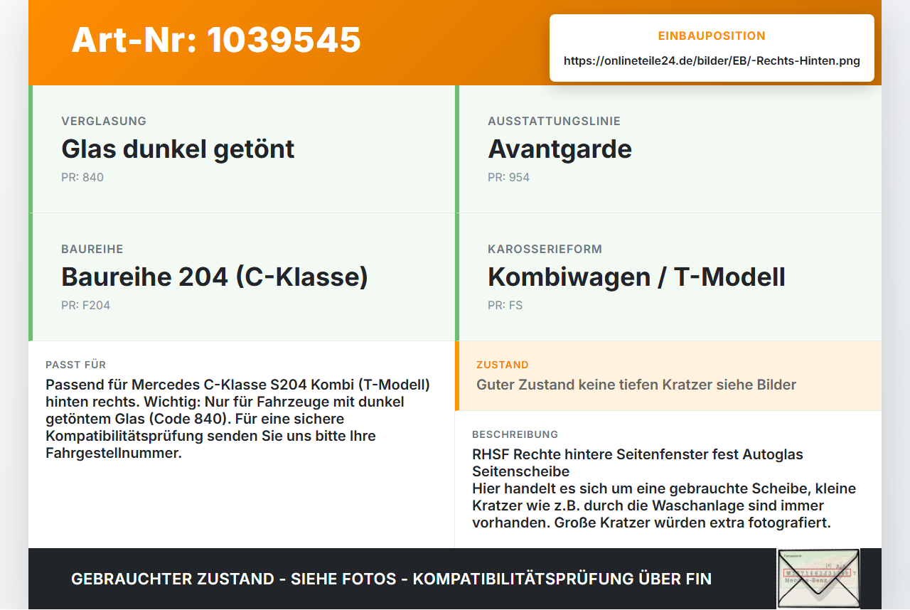 Mercedes W204 S204 C250 07-14 Kombi Seitenscheibe Feste Scheibe Rechts Hinten Mercedes W204 S204 C250 07-14... Vorschau 3