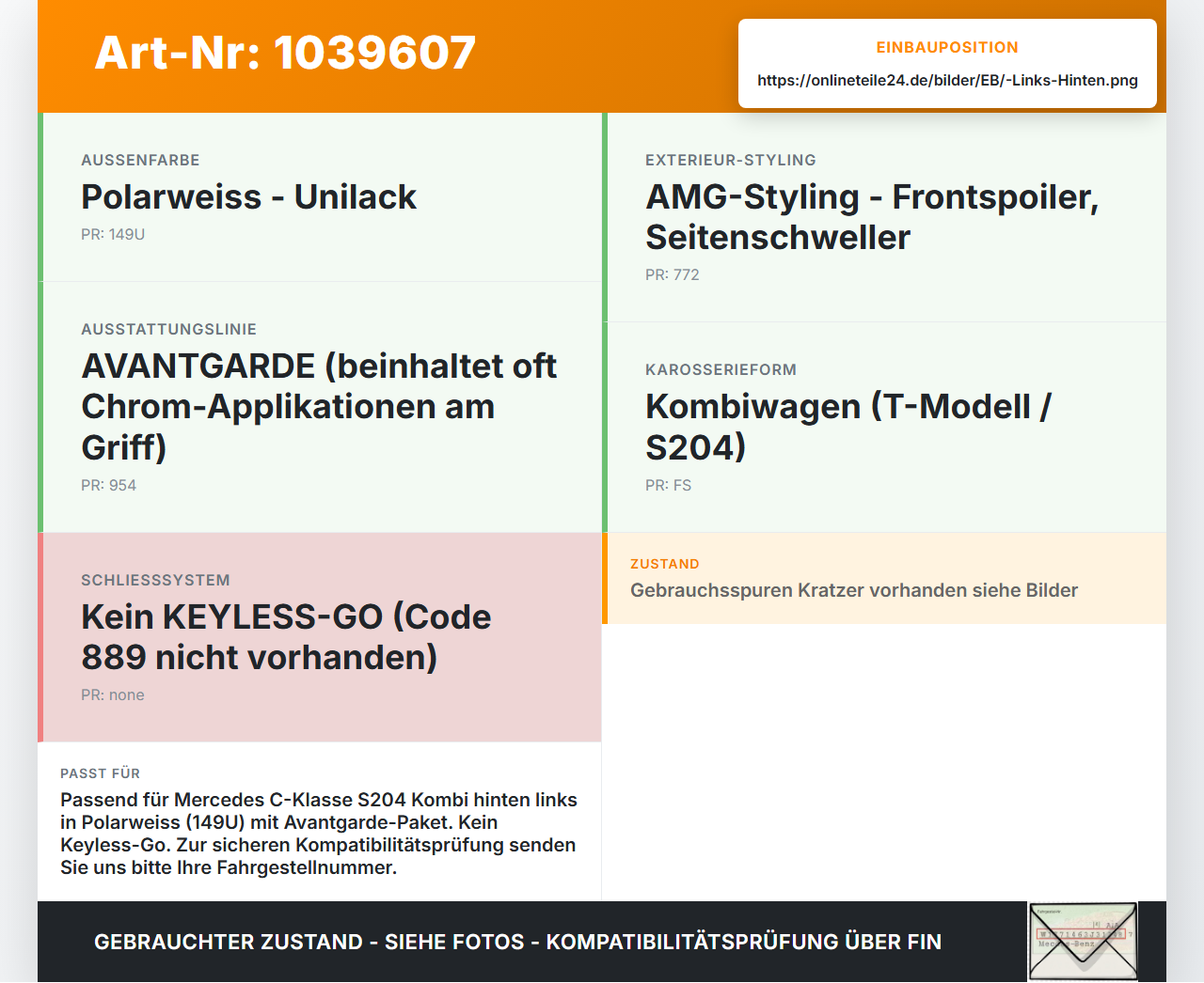 Mercedes W204 S204 C250 07-14 Kombi Türgriff Griff aussen Links Hinten 149U Mercedes W204 S204 C250 07-14... Vorschau 3