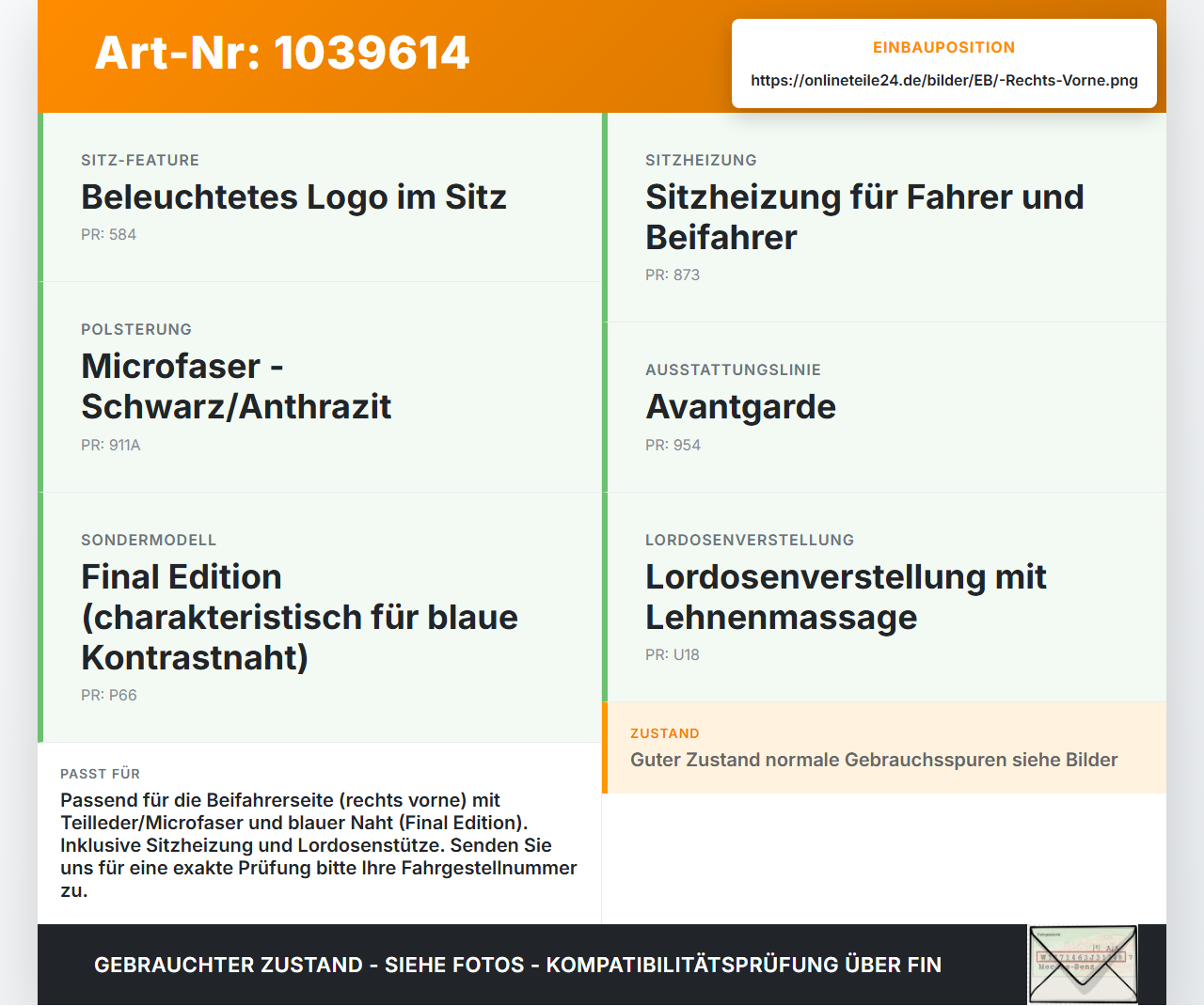 Mercedes W204 S204 C250 07-14 Kombi Rückenpolster Rechts Vorne Sitz Teilleder Blaue Naht Mercedes W204 S204 C250... Vorschau 3