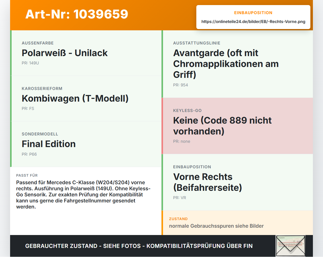 Mercedes W204 S204 C250 07-14 Kombi Türgriff Griff aussen Rechts Vorne 149U Mercedes W204 S204 C250 07-14... Vorschau 3