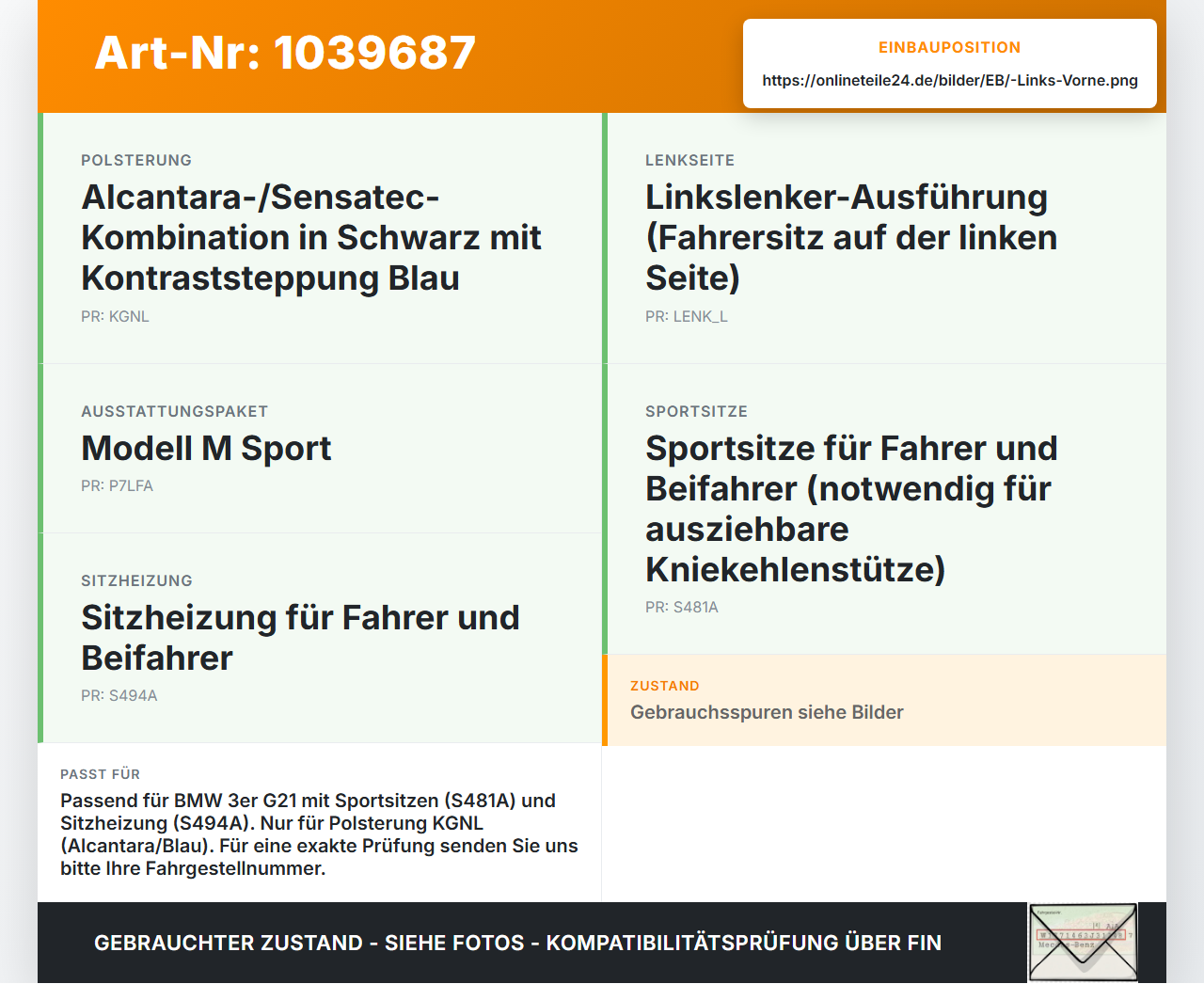 BMW G21 320dx 3er 19-22 2,0d 140KW Kniekehlenkissen für Fahrersitz Links Vorne beheizt BMW G21 320dx 3er 19-22... Vorschau 3