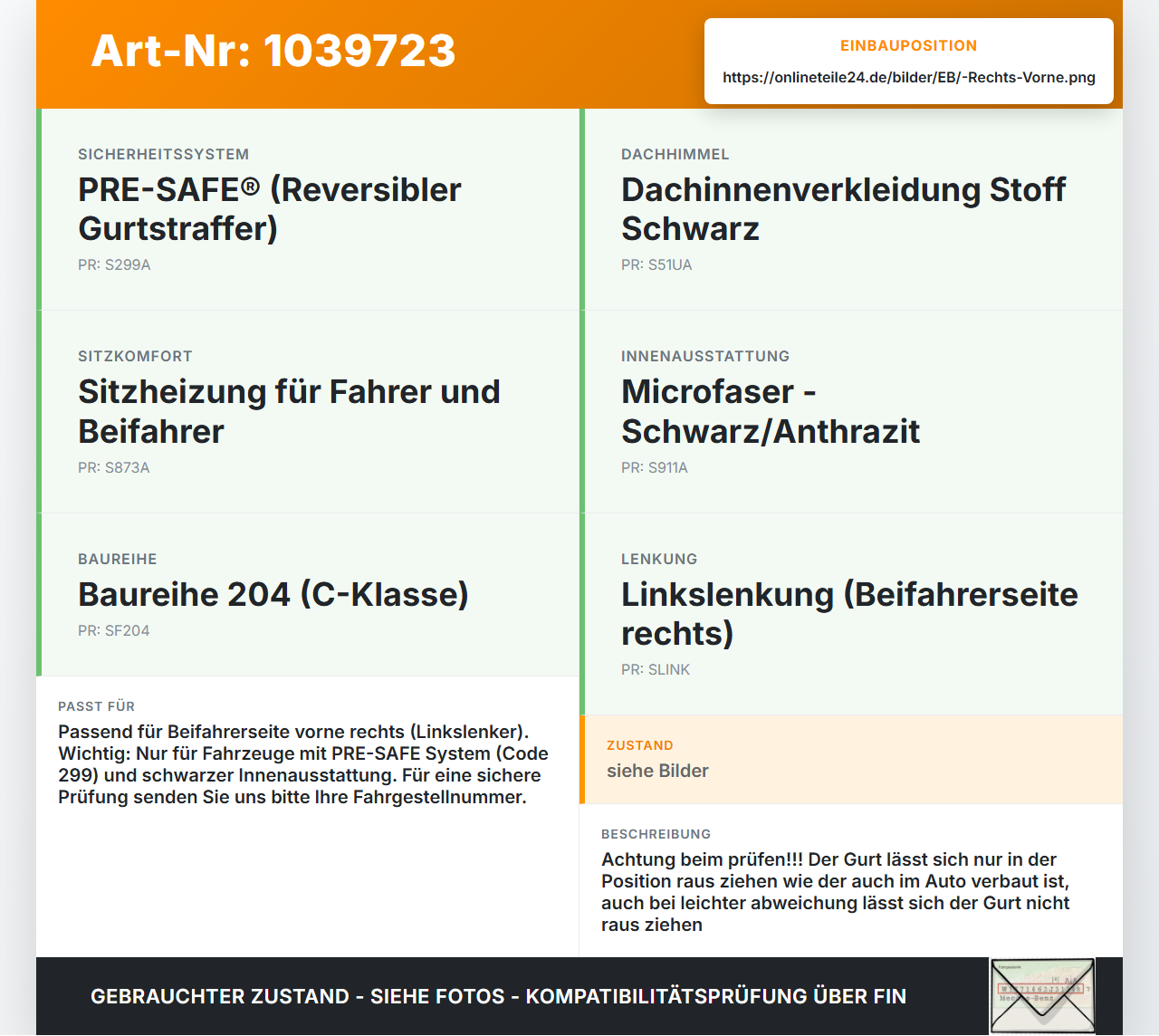 Mercedes W204 S204 C250 07-14 Kombi Gurt Sicherheitsgurt Gurtstraffer für Beifahrer Rechts Vorne Mercedes W204 S204... Vorschau 3