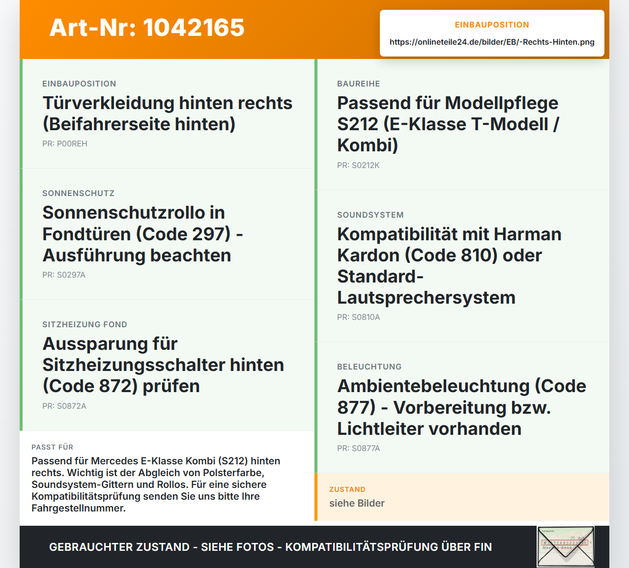 Mercedes S212 E350d 13-16 Kombi Türverkleidung Türpappe Rechts Hinten Mercedes S212 E350d 13-16 18.02.2010... Vorschau 3