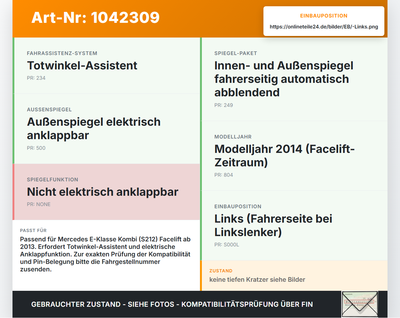 Mercedes S212 E350d 13-16 Spiegel Aussenspiegel Links Elektrochrom Totwinkelassistent 755 Mercedes S212 E350d 13-16... Vorschau 3