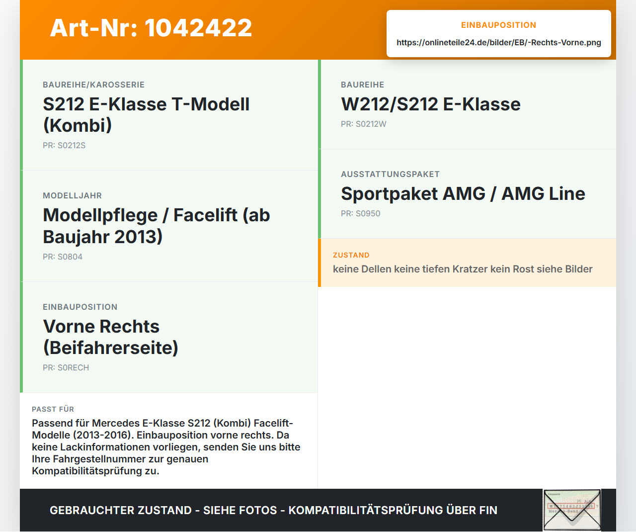 Mercedes S212 E350d 13-16 Kotflügel Rechts Vorne 755 Mercedes S212 E350d 13-16 18.02.2010 A2128800218 gebraucht Vorschau 3