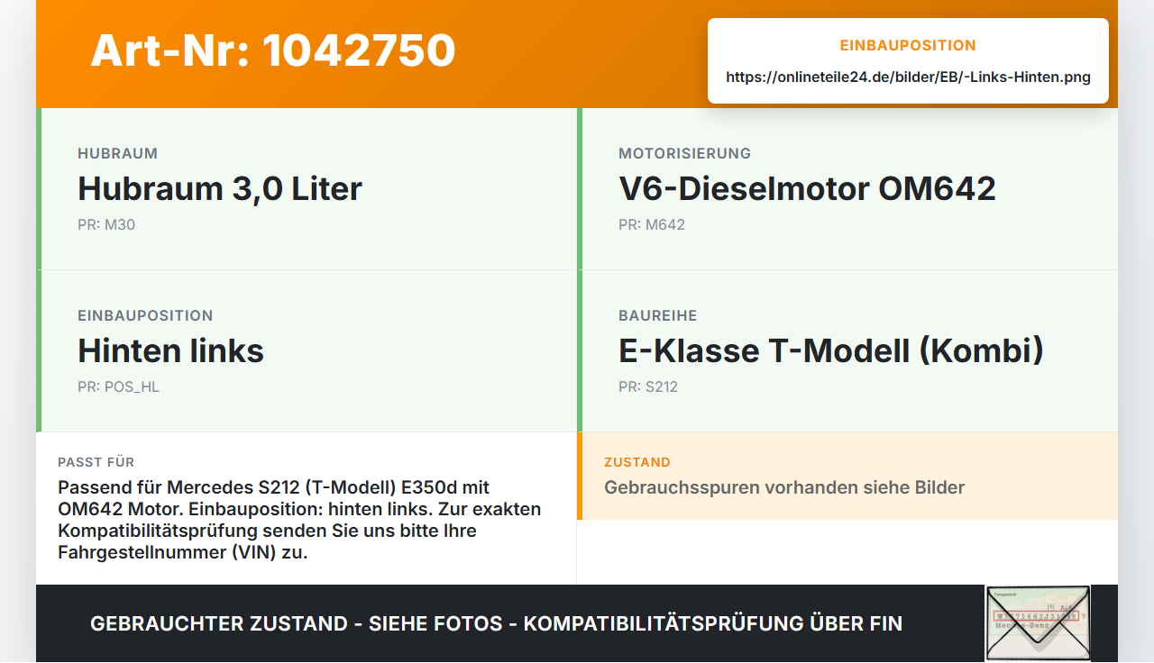 Mercedes S212 E350d 13-16 CDI 3,0 170KW Bremssattel Bremszange Hinten Links Mercedes S212 E350d 13-16 18.02.2010... Vorschau 3