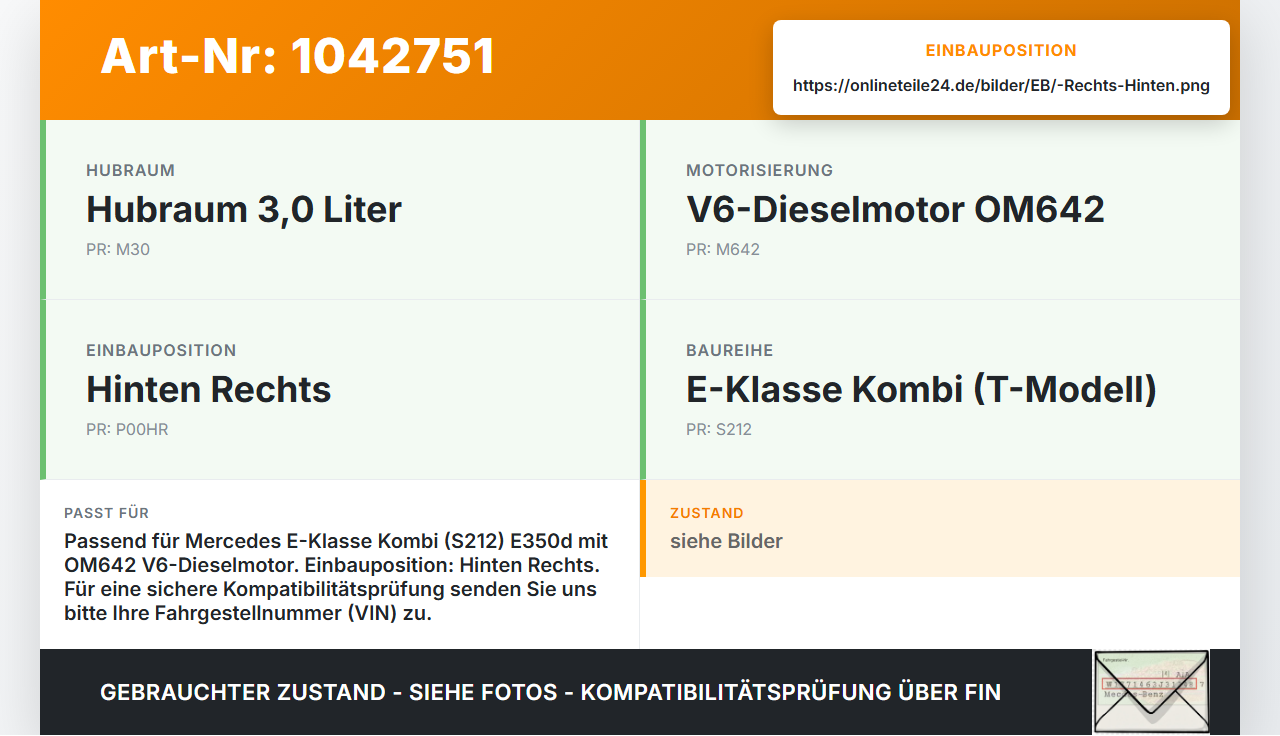 Mercedes S212 E350d 13-16 CDI 3,0 170KW Bremssattel Bremszange Hinten Rechts Mercedes S212 E350d 13-16 18.02.2010... Vorschau 3