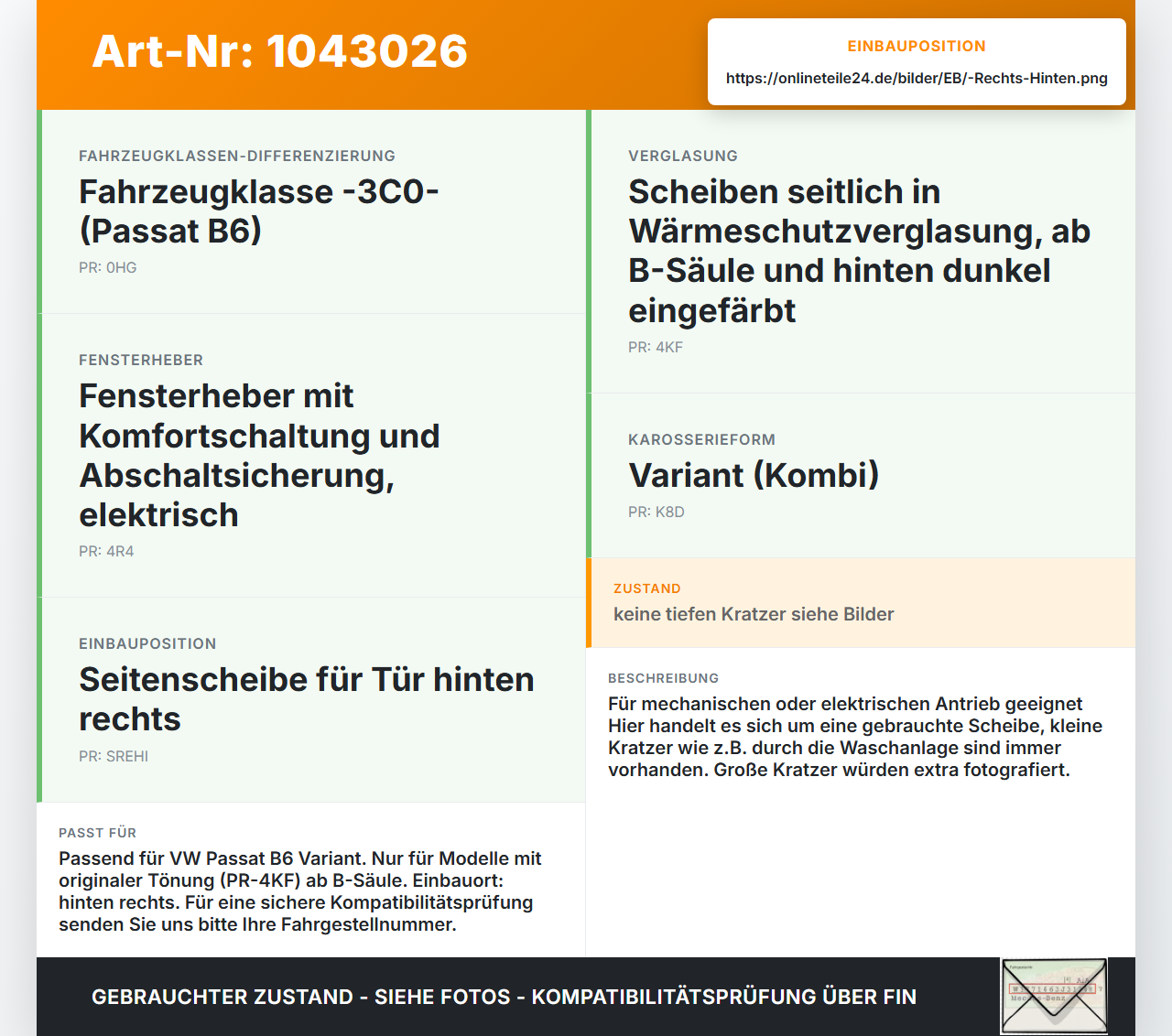VW Passat 3C B6 05-10 Kombi RHK Seitenscheibe für Tür Türscheibe Rechts Hinten Orig. getönt VW Passat 3C B6 05-10... Vorschau 3