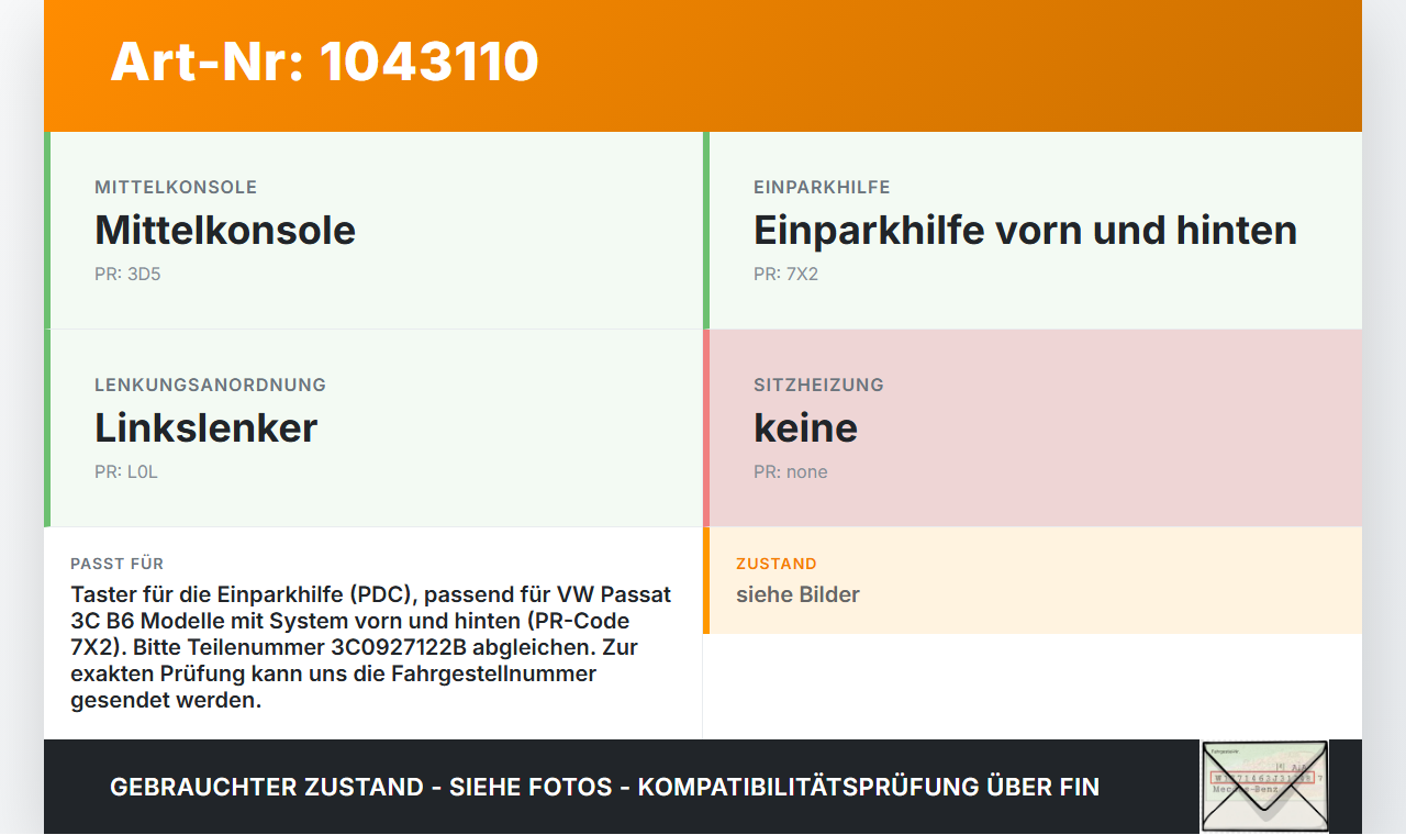 VW Passat 3C B6 05-10 Schalter Taster PDC Einparkhilfe Orig VW Passat 3C B6 05-10 07.12.2006 3C0927122B gebraucht Vorschau 3