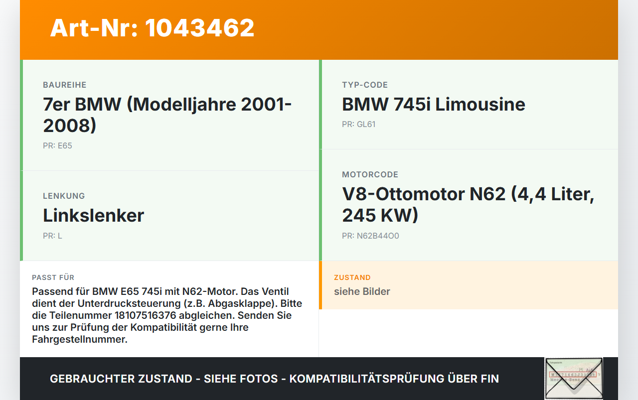 BMW E65 7er 01-05 4,4 245KW Magnetventil Unterdruckventil BMW E65 7er 01-05 11.09.2003 18107516376 7.00124.00... Vorschau 3