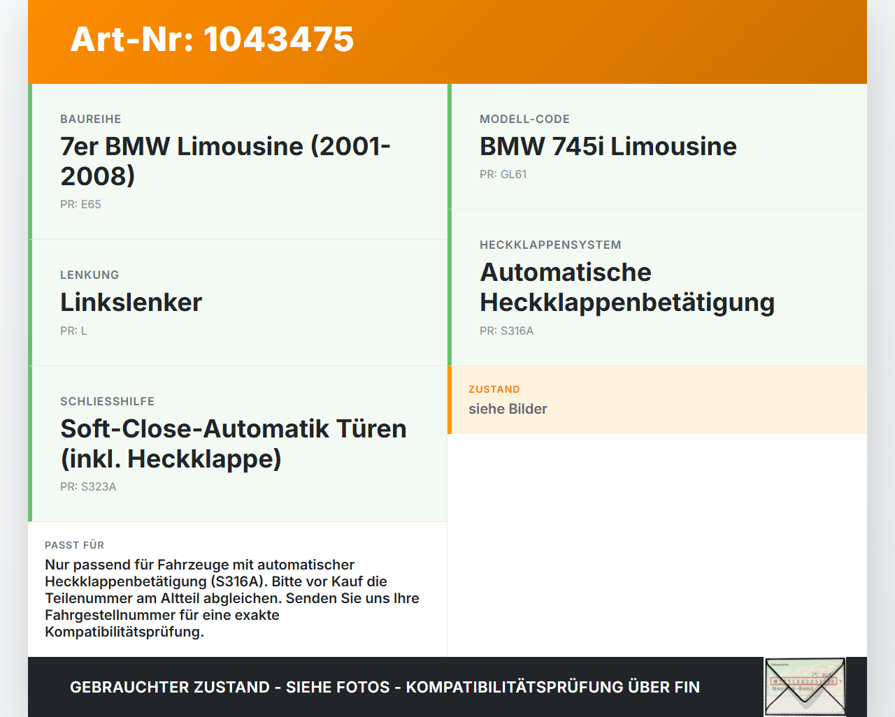 BMW E65 7er 01-05 Heckklappe Hydraulikpumpe Hydroaggregat Orig Hoerbiger BMW E65 7er 01-05 11.09.2003 7137999... Vorschau 3