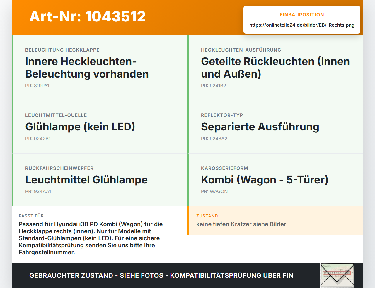 Hyundai I30 PD 20-25 Kombi Rückleuchte Heckleuchte für Klappe Innen Rechts Hyundai I30 PD 20-25 03.11.2017... Vorschau 3