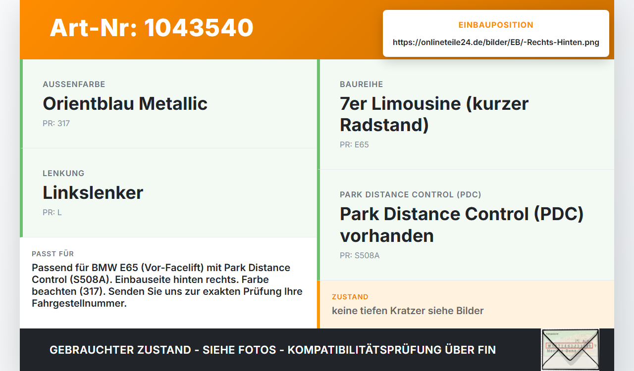 BMW E65, E66, E67 4,4 245KW Blende Leiste Stoßstange Rechts Hinten BMW E65 7er 01-05 11.09.2003 7043370 51127043370... Vorschau 3