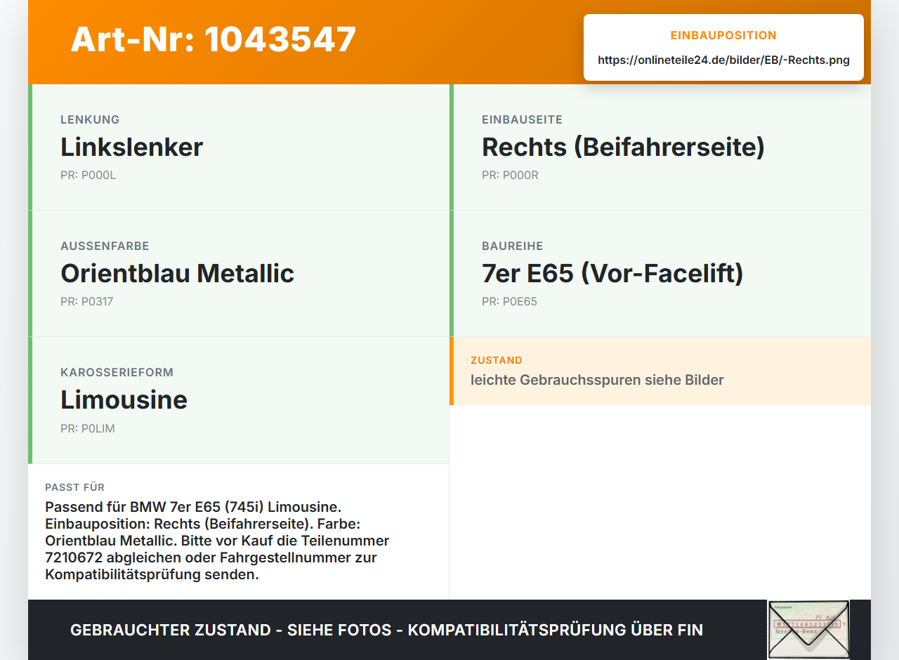 BMW E65 7er 01-05 Scharnier Motorhaube Motorhaubenscharnier Rechts BMW E65 7er 01-05 11.09.2003 7210672 41617210672... Vorschau 3
