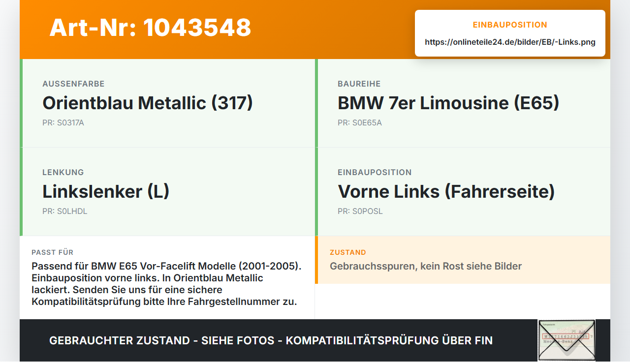 BMW E65 7er 01-05 Scharnier Motorhaube Motorhaubenscharnier Links BMW E65 7er 01-05 11.09.2003 7210671 41617210671... Vorschau 3