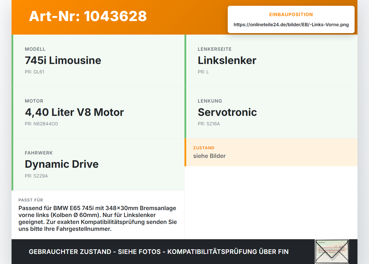 BMW E65 7er 01-05 4,4 245KW Bremssattel Bremszange Vorne Links 60/30/348 BMW E65 7er 01-05 11.09.2003 6756303... Vorschau 3