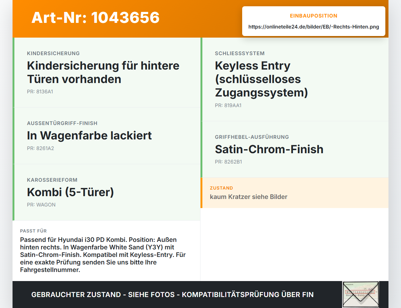 Hyundai I30 PD 20-25 Kombi Türgriff Griff aussen Rechts Hinten Y3Y Hyundai I30 PD 20-25 03.11.2017 82661G4010 gebraucht Vorschau 3