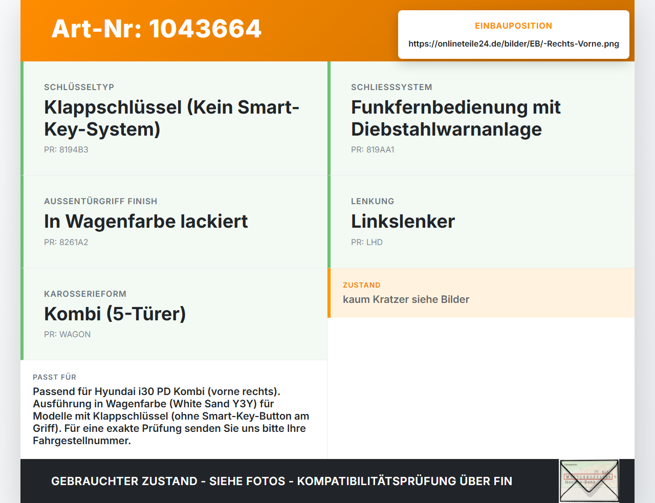 Hyundai I30 PD 20-25 Kombi Türgriff Griff aussen Rechts Vorne Y3Y Hyundai I30 PD 20-25 03.11.2017 82661G4010 gebraucht Vorschau 3