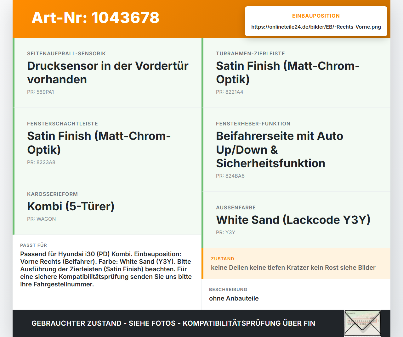 Hyundai I30 PD 20-25 Kombi Tür Beifahrertür Rechts Vorne Y3Y Hyundai I30 PD 20-25 03.11.2017 76004G4000 gebraucht Vorschau 3