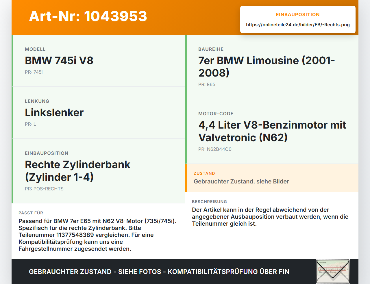 BMW E65 7er 01-05 Stellmotor für Exzenterwelle Rechts BMW E65 7er 01-05 11.09.2003 7548389 11377548389 400210004002... Vorschau 3