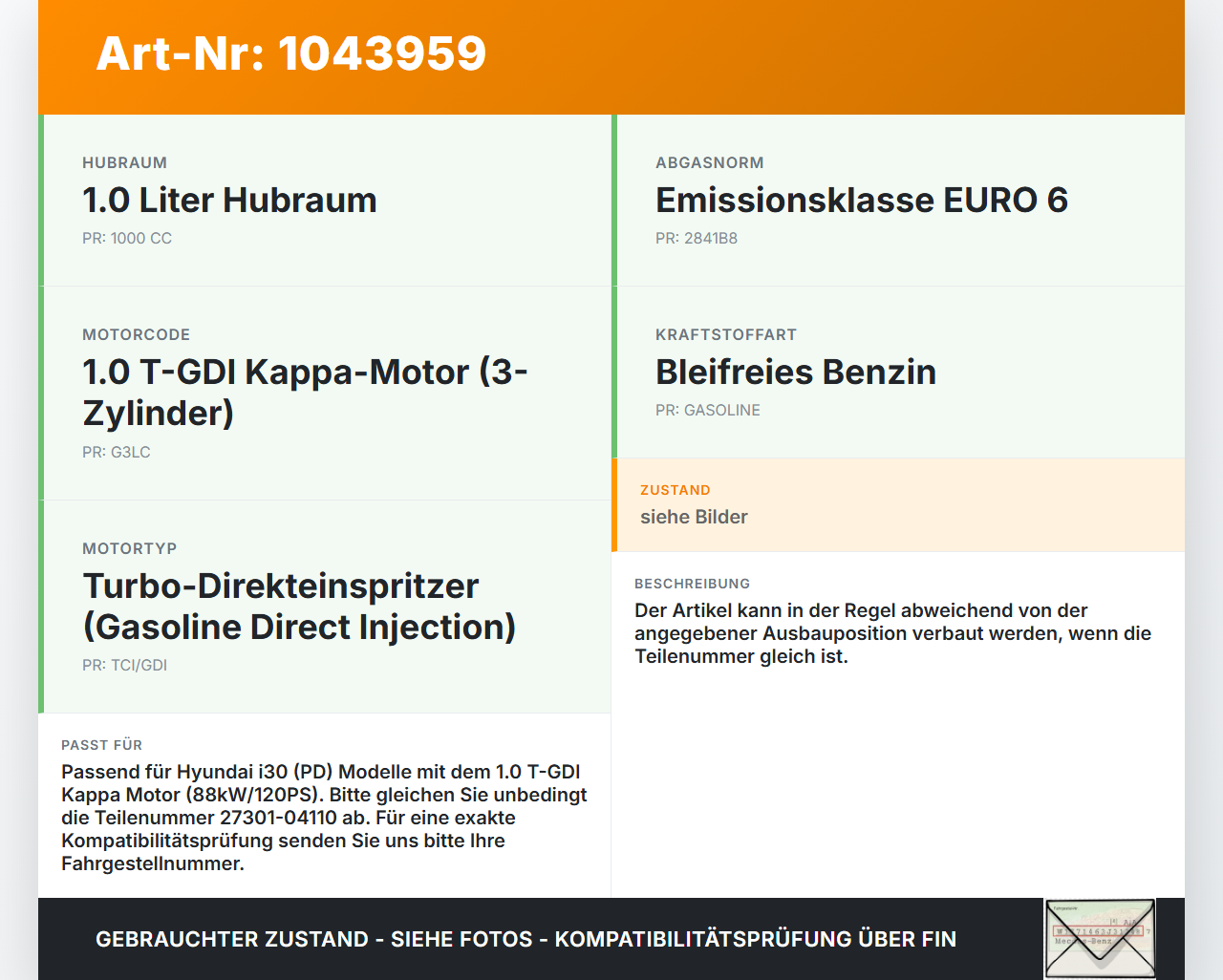 Hyundai I30 PD 20-25 1,0 88KW Zündspule Zyl.3 Hyundai I30 PD 20-25 03.11.2017 2730104110 27301-04110 gebraucht Vorschau 3