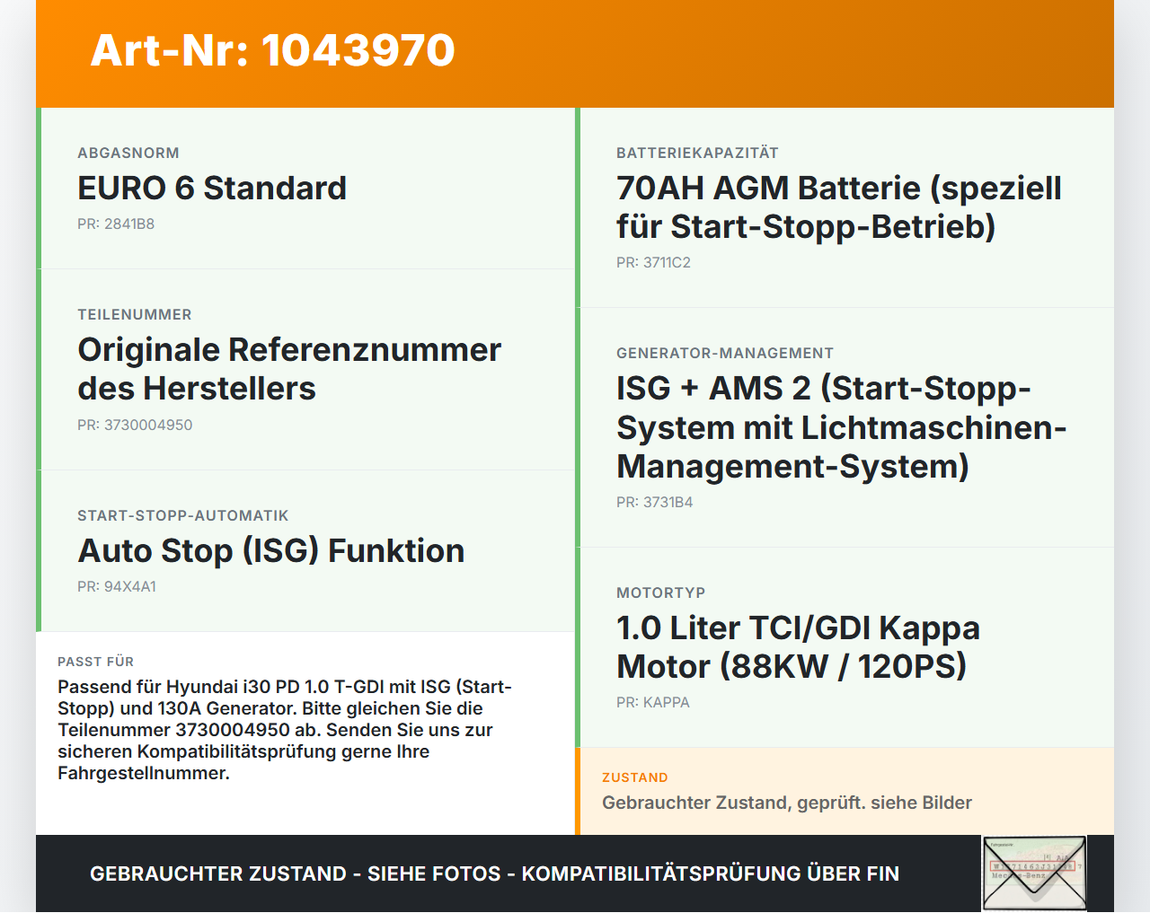 Hyundai I30 PD 20-25 1,0 88KW Lichtmaschine Generator 130A Hyundai I30 PD 20-25 03.11.2017 3730004950 37300-04950... Vorschau 3