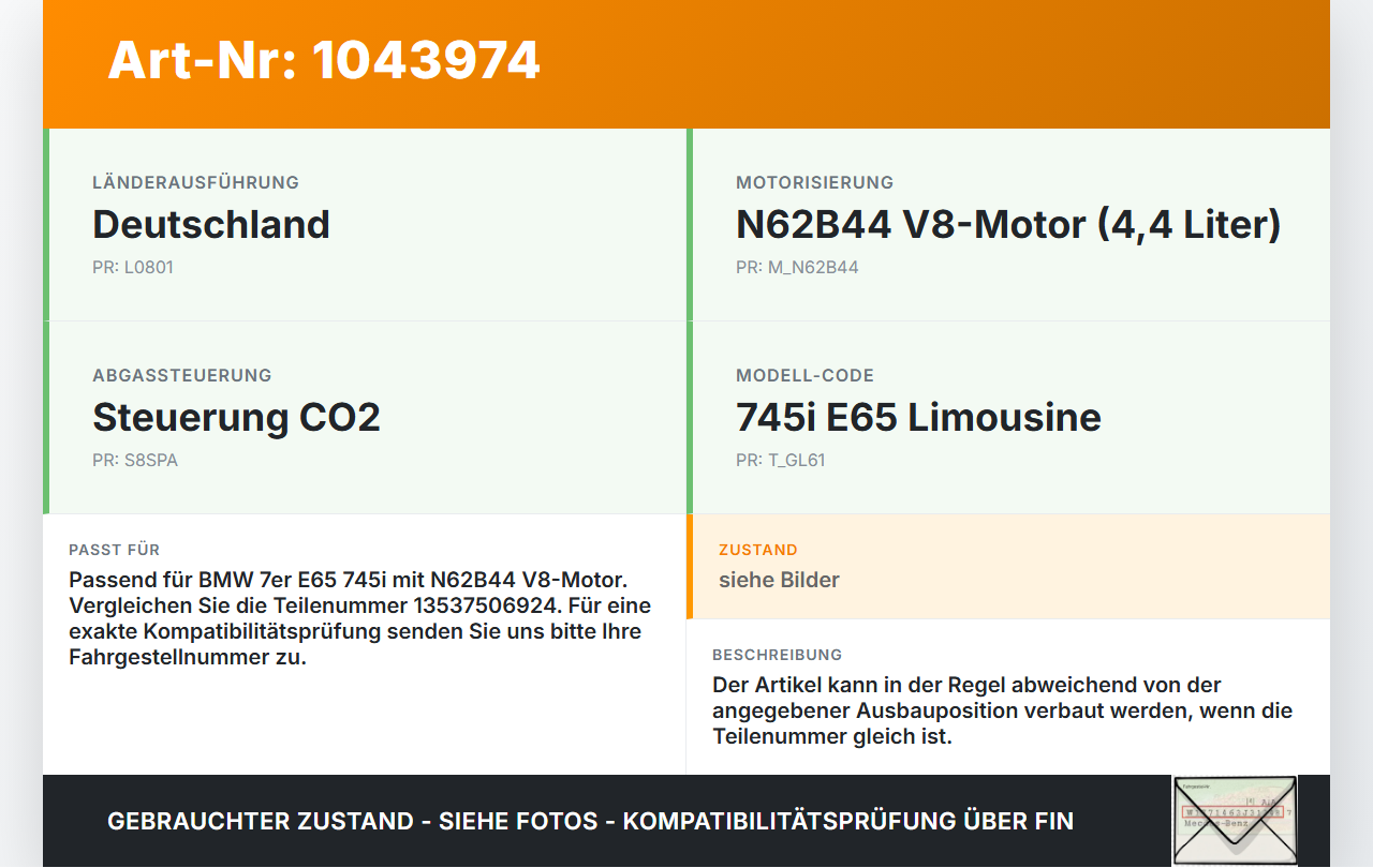 BMW E65 7er 01-05 4,4 245KW Injektor Einspritzdüse Rail Zyl.2 BMW E65 7er 01-05 11.09.2003 13537506924 7506924... Vorschau 3