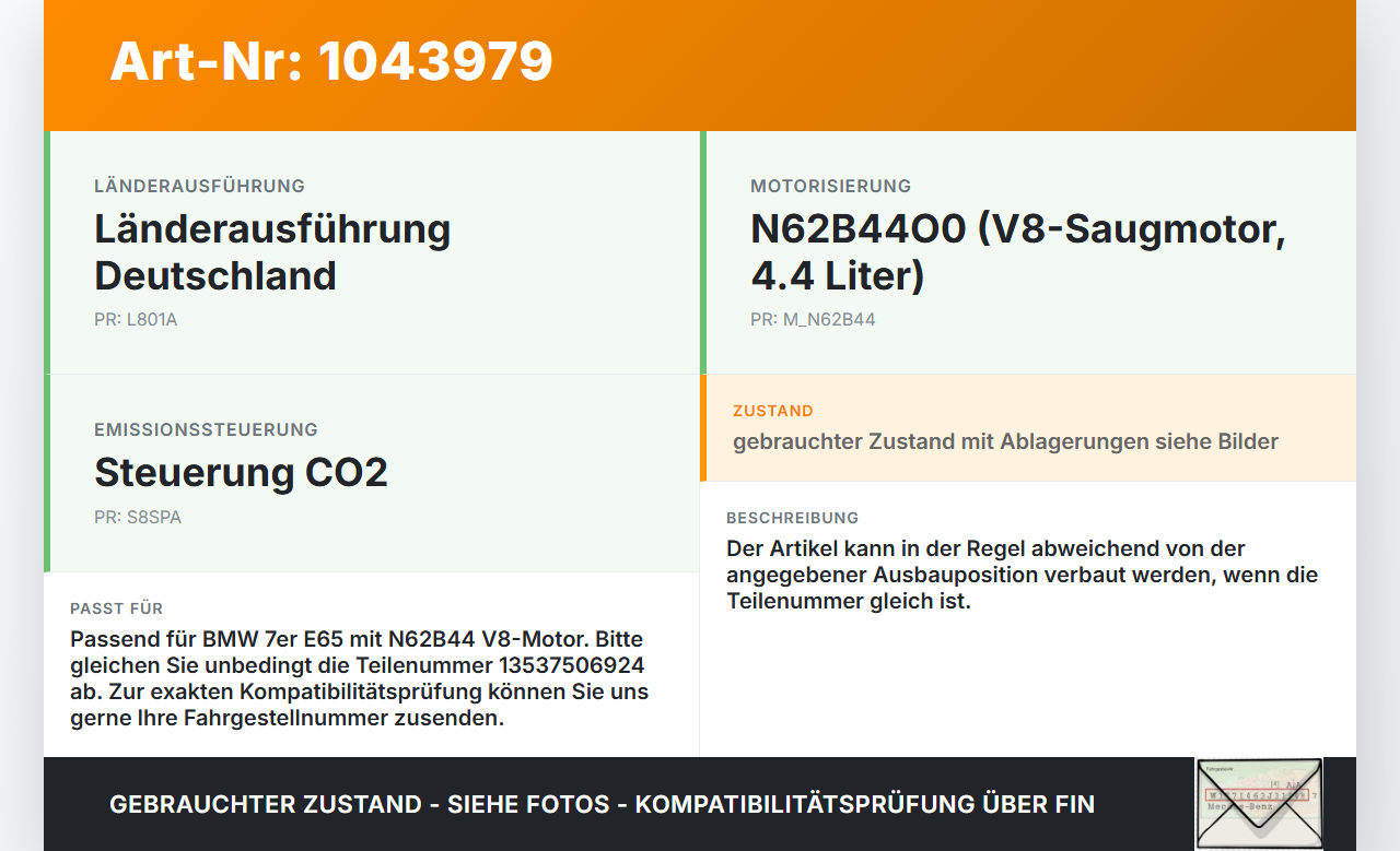 BMW E65 7er 01-05 4,4 245KW Einspritzdüse Einspritzventil Zyl.1 BMW E65 7er 01-05 11.09.2003 13537506924 7506924... Vorschau 3