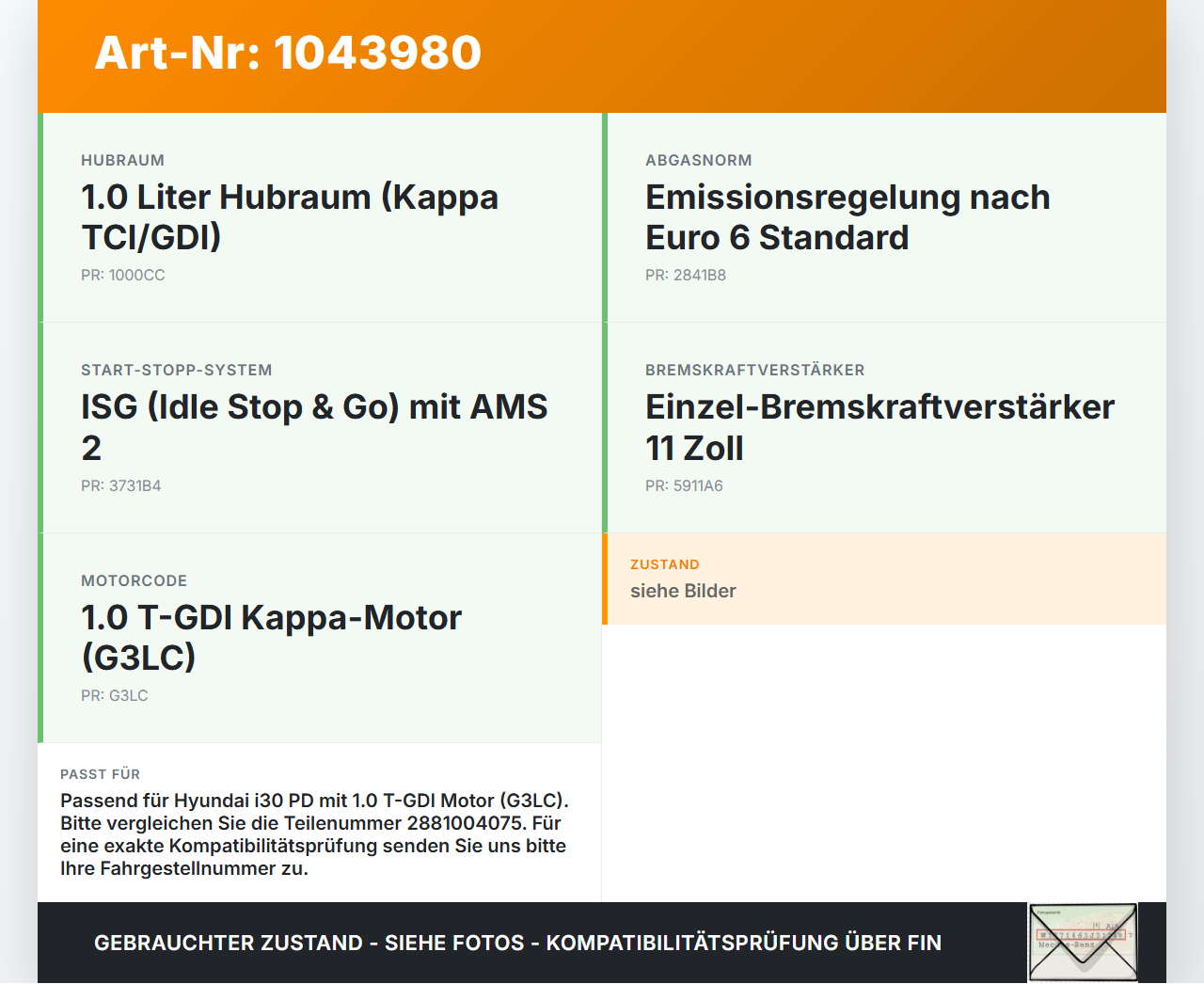 Hyundai I30 PD 20-25 1,0 88KW G3LC Unterdruckpumpe Vakuumpumpe Hyundai I30 PD 20-25 03.11.2017 2881004075 gebraucht Vorschau 3
