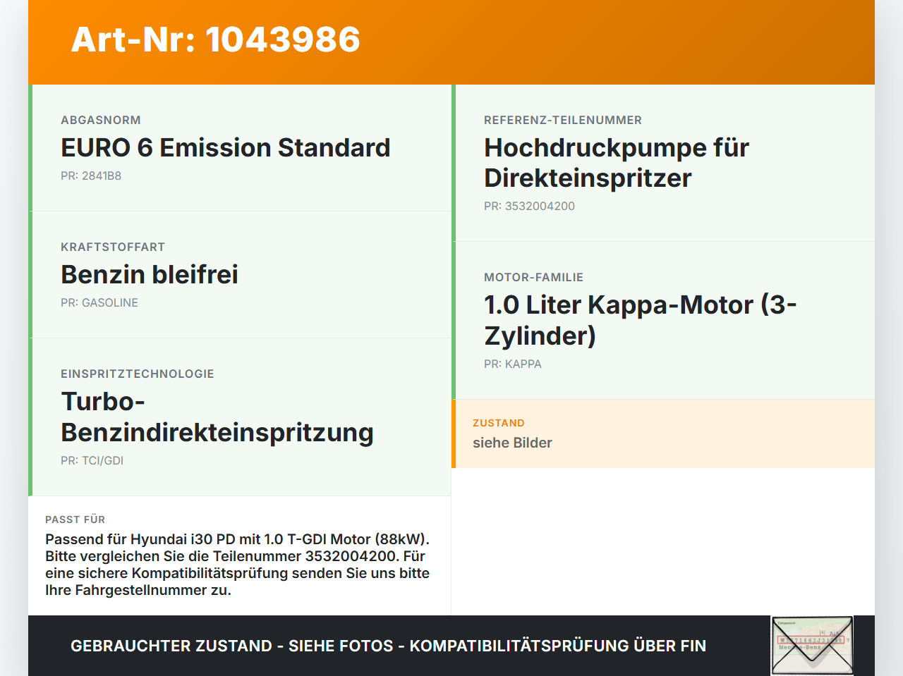 Hyundai I30 PD 20-25 1,0 88KW Einspritzpumpe Hochdruckpumpe Hyundai I30 PD 20-25 03.11.2017 3532004200 35320-04200... Vorschau 3