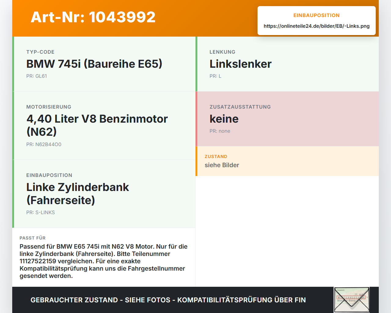 BMW E65 7er 01-05 4,4 245KW N62B44O0 N62B44A Ventildeckel Links BMW E65 7er 01-05 11.09.2003 7522159 11127522159... Vorschau 3