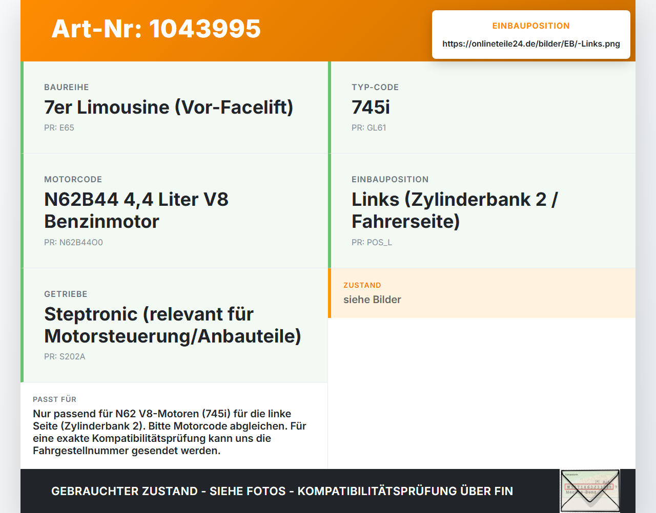 BMW E65 7er 01-05 4,4 245KW N62B44O0 N62B44A Nockenwellenverstellung Verstellung für Nockenwelle Links BMW E65 7er... Vorschau 3