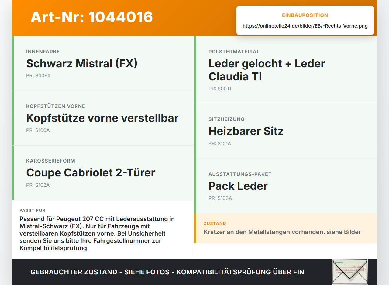 Peugeot 207 CC 07-09 Cabriolet Leder Kopfstütze Beifahrersitz Rechts Vorne Peugeot 207 CC 07-09 30.09.2008 8854F2... Vorschau 3