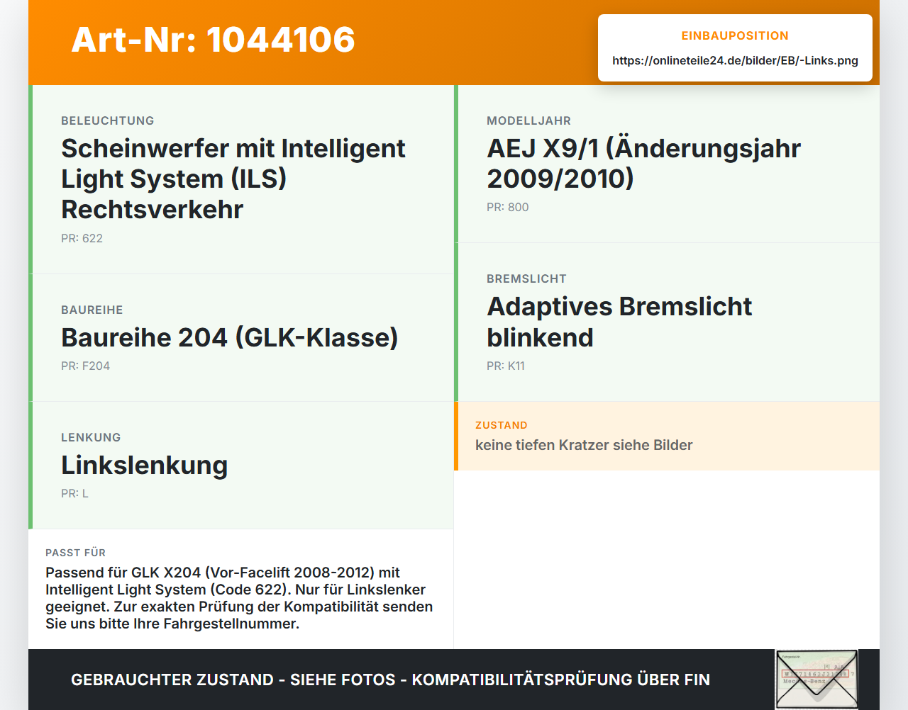 Mercedes X204 08-12 Rückleuchte Rücklicht Heckleuchte Links orig Mercedes X204 08-12 04.12.2009 A2048202564... Vorschau 3