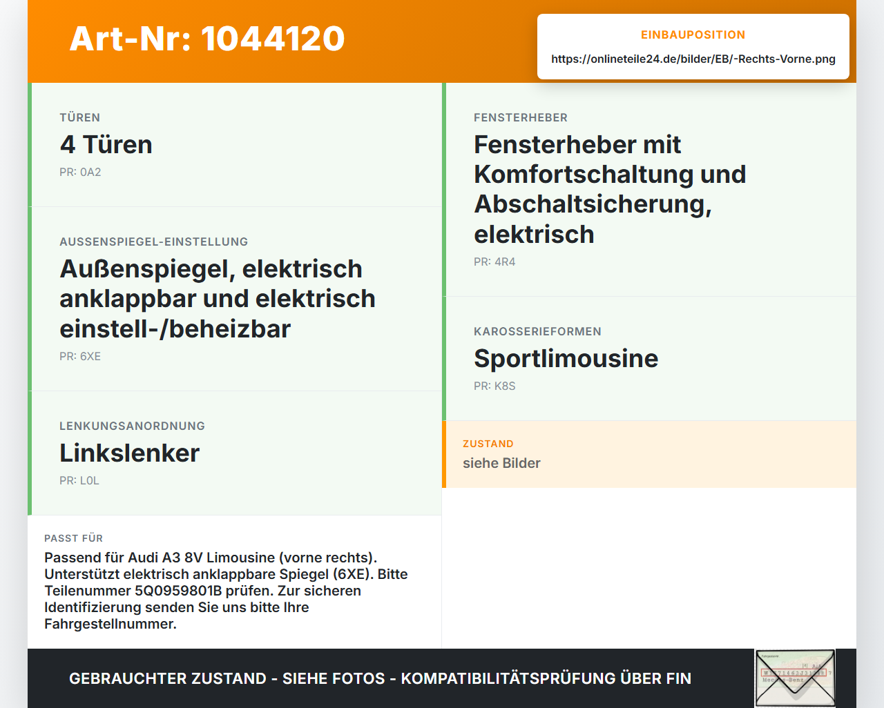 Audi A3 8V 8VS 16-20 Lim Fensterhebermotor Rechts Vorne Audi A3 8V 8VS 16-20 18.12.2019 5Q0959801B E850202099 gebraucht Vorschau 3