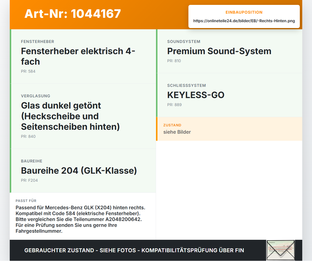 Mercedes X204 08-12 Fensterhebermotor Rechts Hinten Mercedes X204 08-12 04.12.2009 0130822504 A2048200642... Vorschau 3