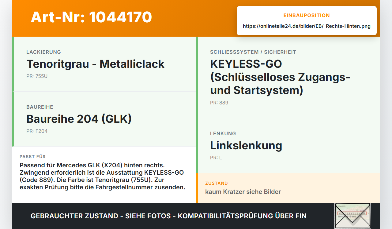 Mercedes X204 08-12 Türgriff Halterung Griff aussen Rechts Hinten Keyless Entry 755U Mercedes X204 08-12 04.12.2009... Vorschau 3