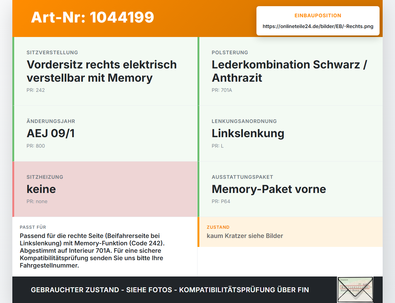 Mercedes X204 08-12 Schalter Rechts für Sitzverstellung Memory Mercedes X204 08-12 04.12.2009 A2048702958 03466530... Vorschau 3