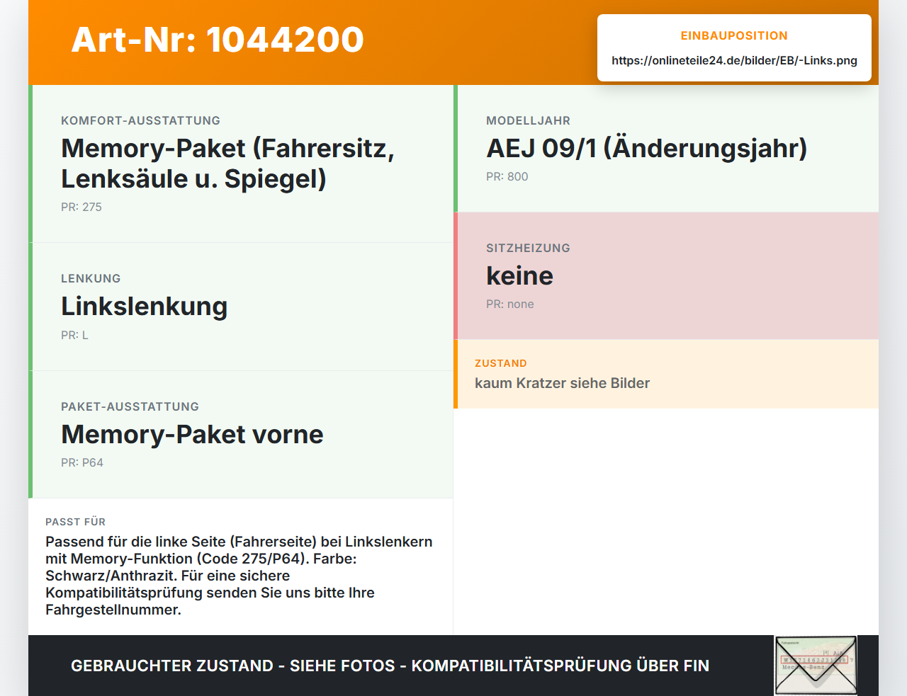 Mercedes X204 08-12 Schalter Links für Sitzverstellung Memory Mercedes X204 08-12 04.12.2009 A2048702858 03466520... Vorschau 3