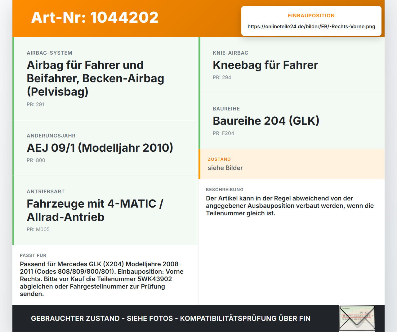 Mercedes X204 08-12 Sensor Airbag Crashsensor Airbagsensor Rechts Vorne Mercedes X204 08-12 04.12.2009 A2048210651... Vorschau 3