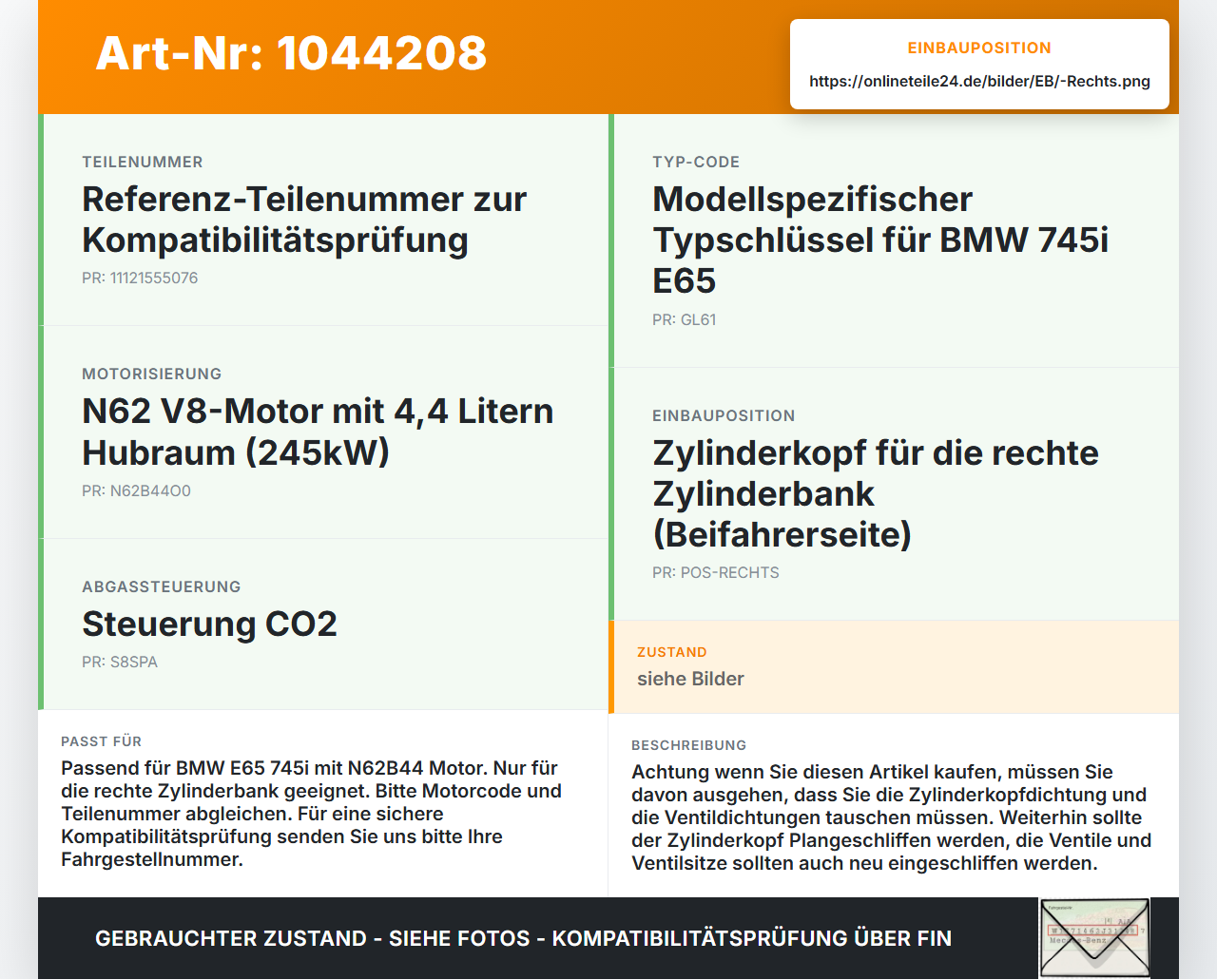 BMW E65 7er 01-05 4,4 245KW N62B44O0 N62B44A Zylinderkopf Rechts BMW E65 7er 01-05 11.09.2003 1555076 11121555076... Vorschau 3