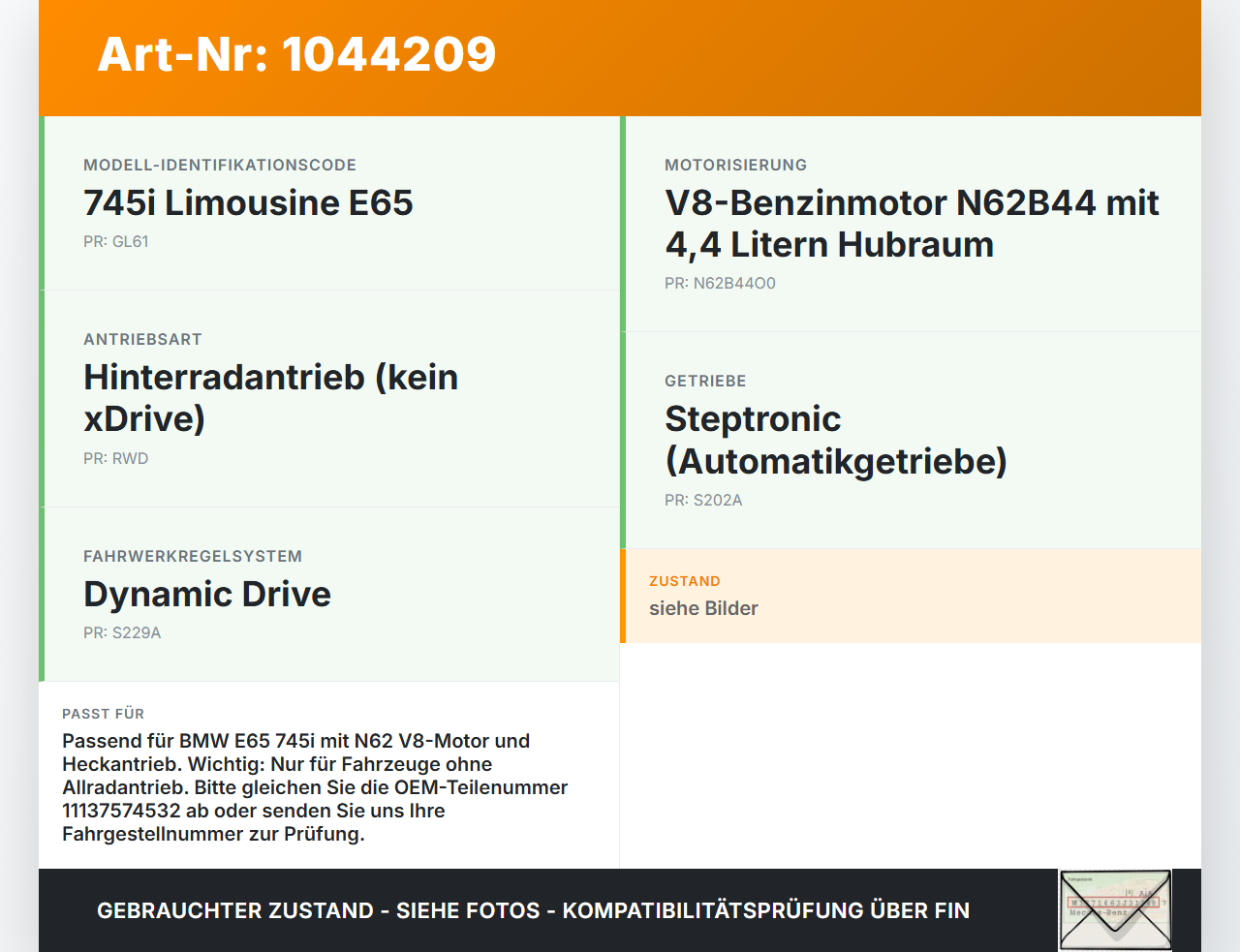 BMW E65 7er 01-05 4,4 245KW N62B44O0 N62B44A Ölwanne Motorwanne BMW E65 7er 01-05 11.09.2003 7574532 11137574532... Vorschau 3